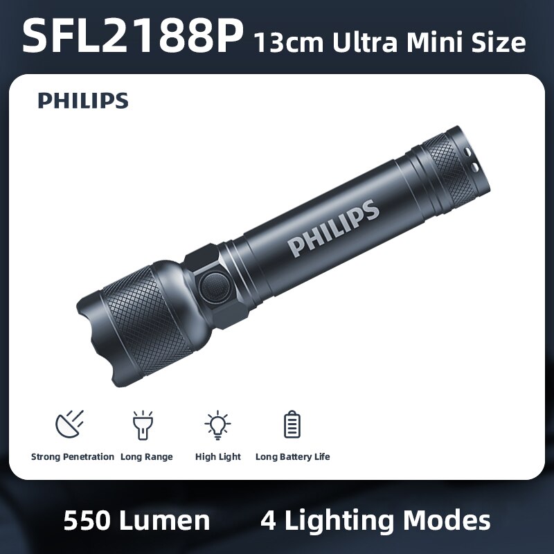 Lanterna Philips Led com Bateria Recarregável USB, 4 Modos de Iluminação, à Prova d'água,