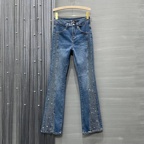 Calças Jeans Vintage com Diamantes, Longo Alargamento e Cintura Alta