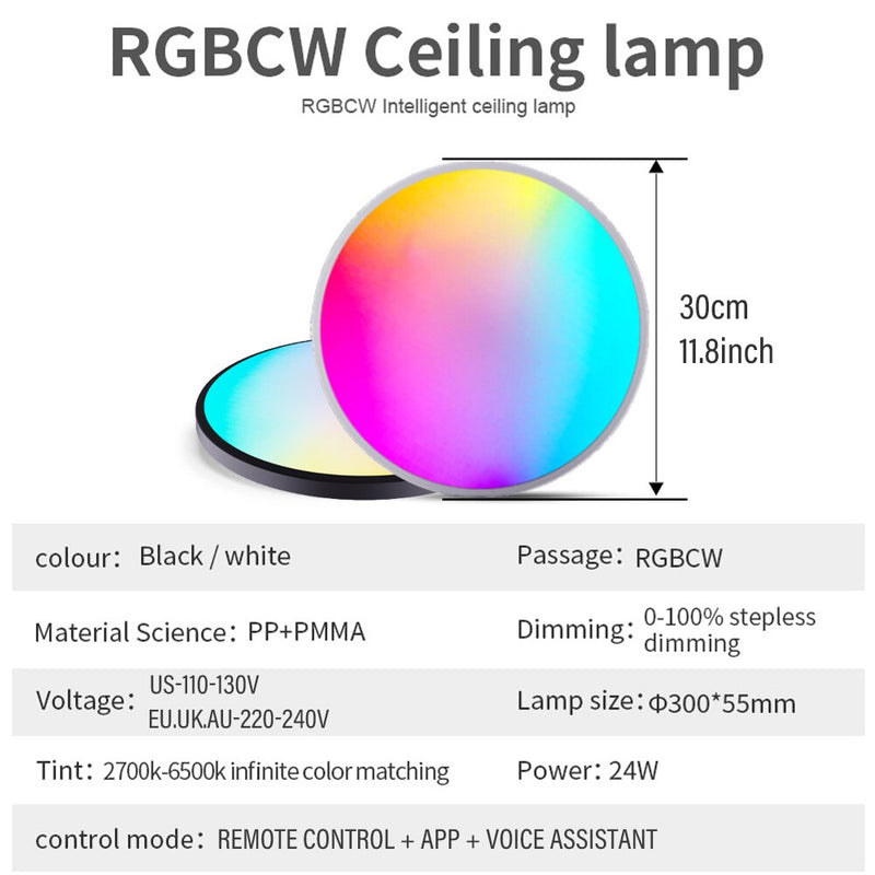 Lâmpada de Teto Redonda RGBCW Inteligente, WIFI, Led, Controle Remoto, Regulável Compatível com Alexa Google