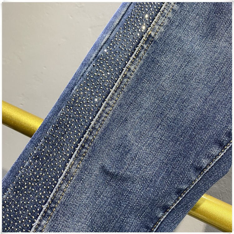 Calças Jeans Vintage com Diamantes, Longo Alargamento e Cintura Alta