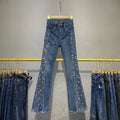 Calças Jeans Vintage com Diamantes, Longo Alargamento e Cintura Alta