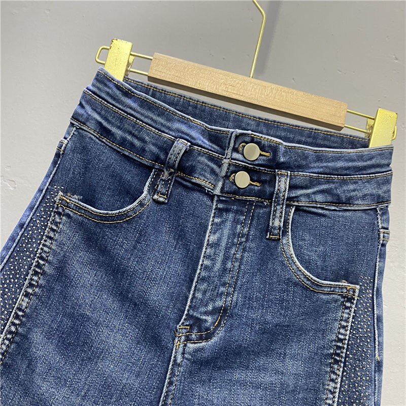 Calças Jeans Vintage com Diamantes, Longo Alargamento e Cintura Alta