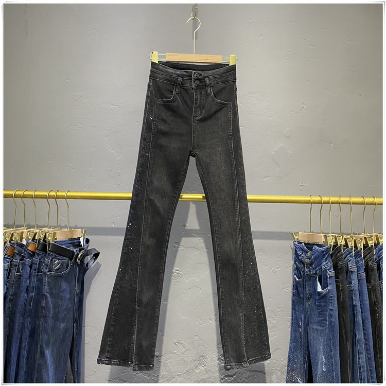 Calças Jeans Vintage com Diamantes, Longo Alargamento e Cintura Alta