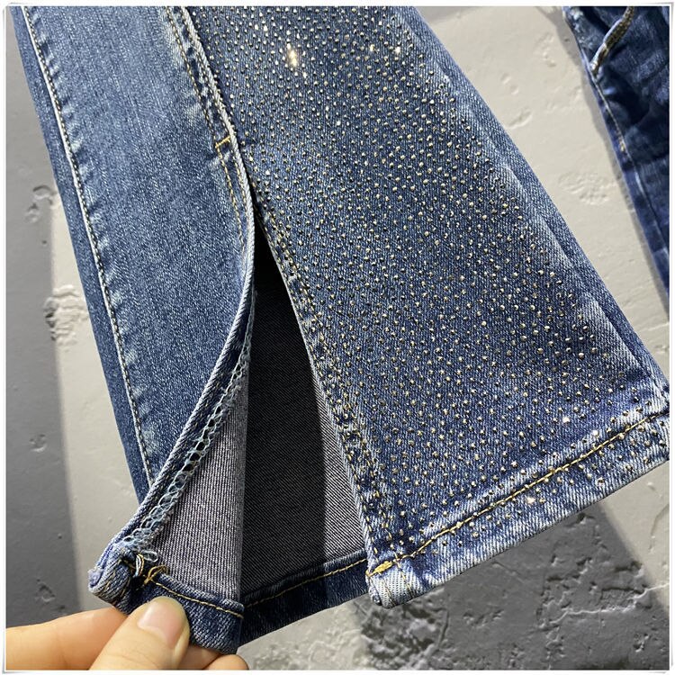 Calças Jeans Vintage com Diamantes, Longo Alargamento e Cintura Alta