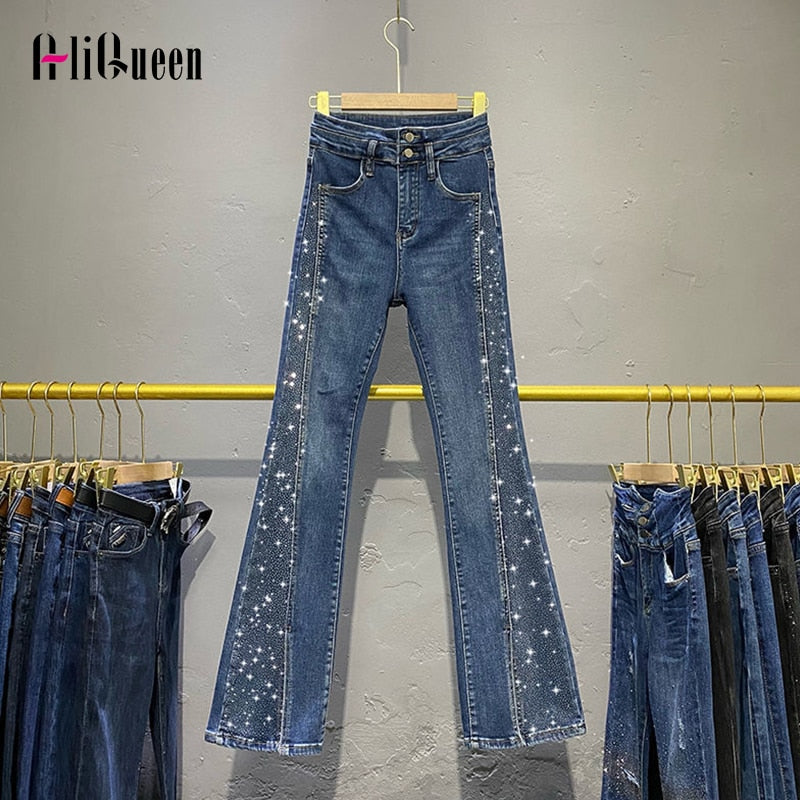 Calças Jeans Vintage com Diamantes, Longo Alargamento e Cintura Alta